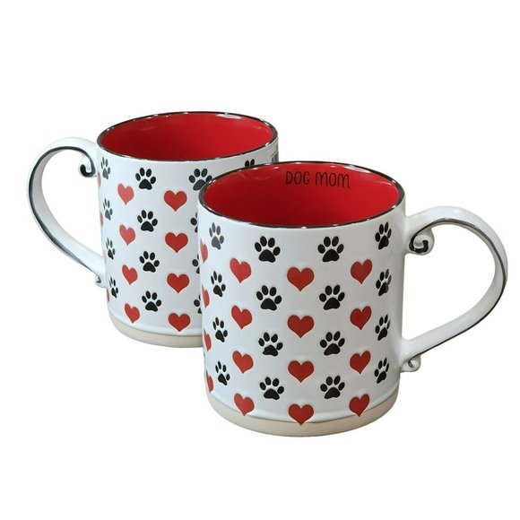 Set Of 2 DOG MOM  Red Hearts And Black Dog Paw‎ Prints Engraved Coffee Mug - Picture 2 of 16